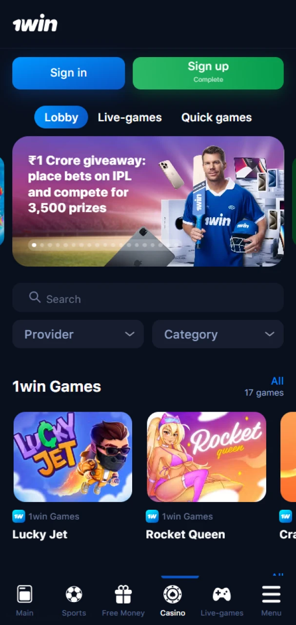 Start playing a wide variety of casino games at 1win.