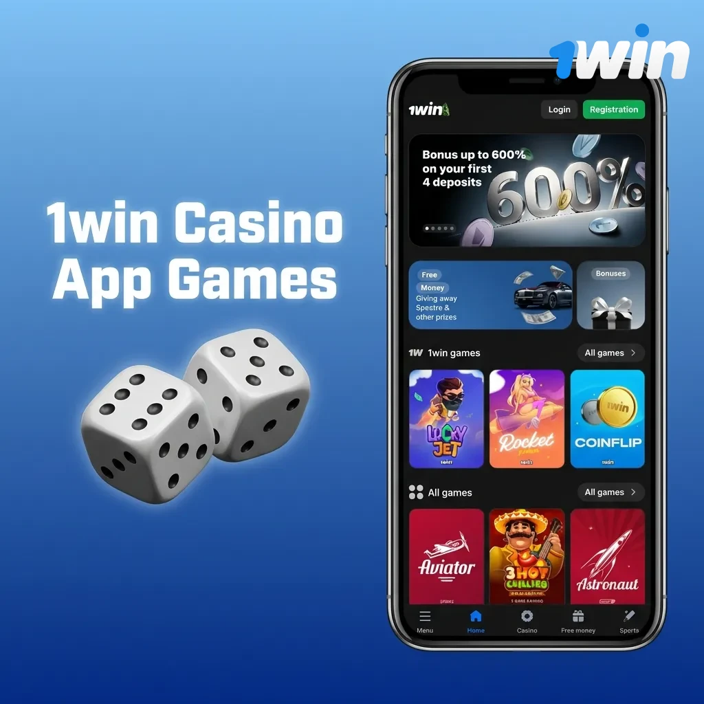 1win casino app interface displaying slots, live casino, and crash game categories.