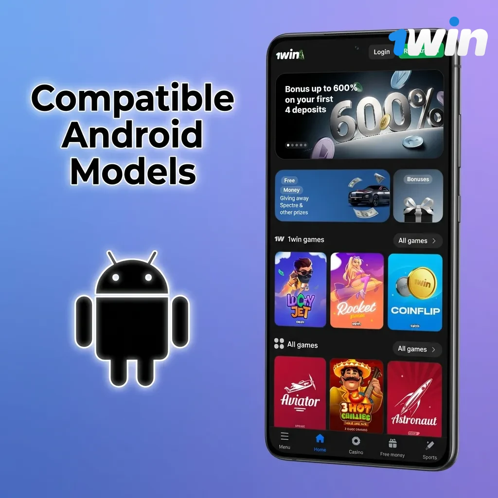 List of 1win compatible Android phones: Samsung, Xiaomi, OnePlus, Realme, Vivo, OPPO, Pixel, and POCO.
