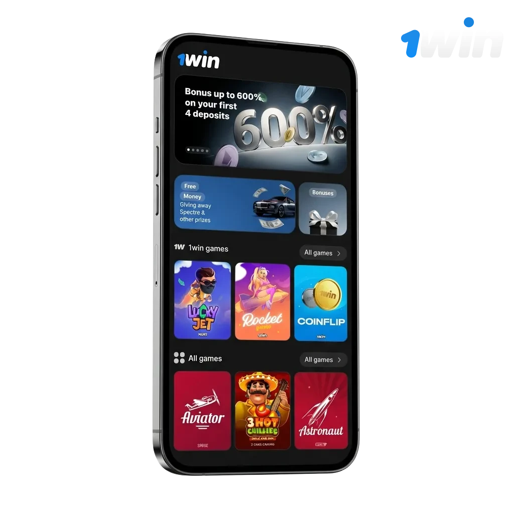 1win app interface on Android and iOS devices for sports betting and casino.